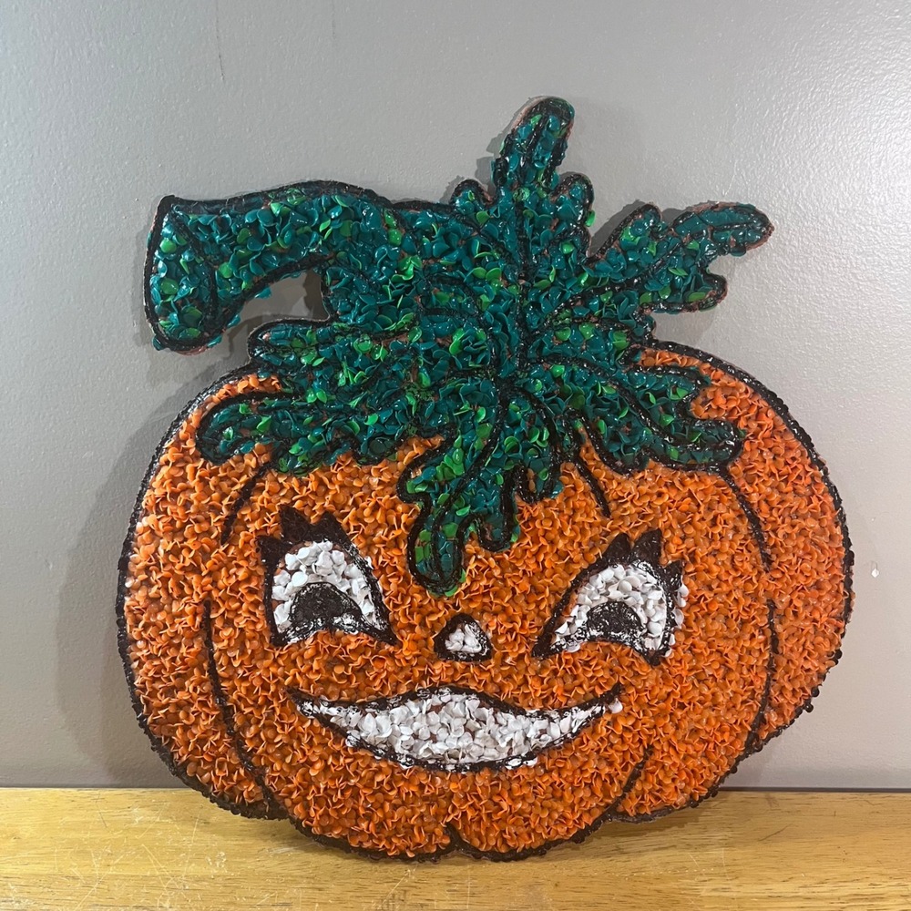 Vtg Melted Plastic Popcorn Pumpkin Wall Hanging Halloween Decor Orange 19in